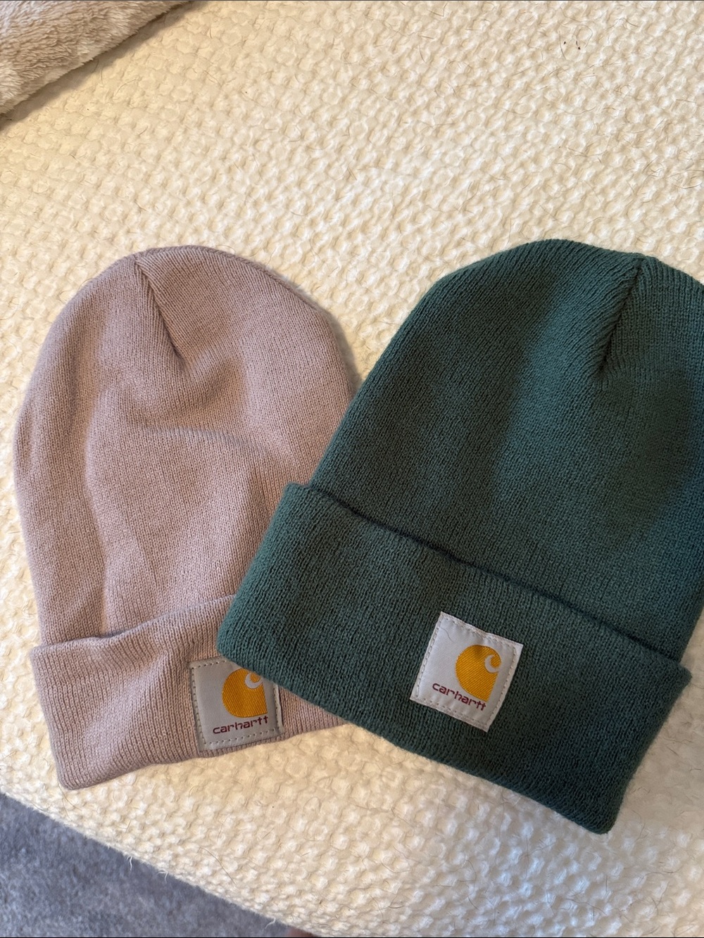 Carhartt Mauve & Aspen Knit Beanie with Gold Logo Patch.  Selling together.